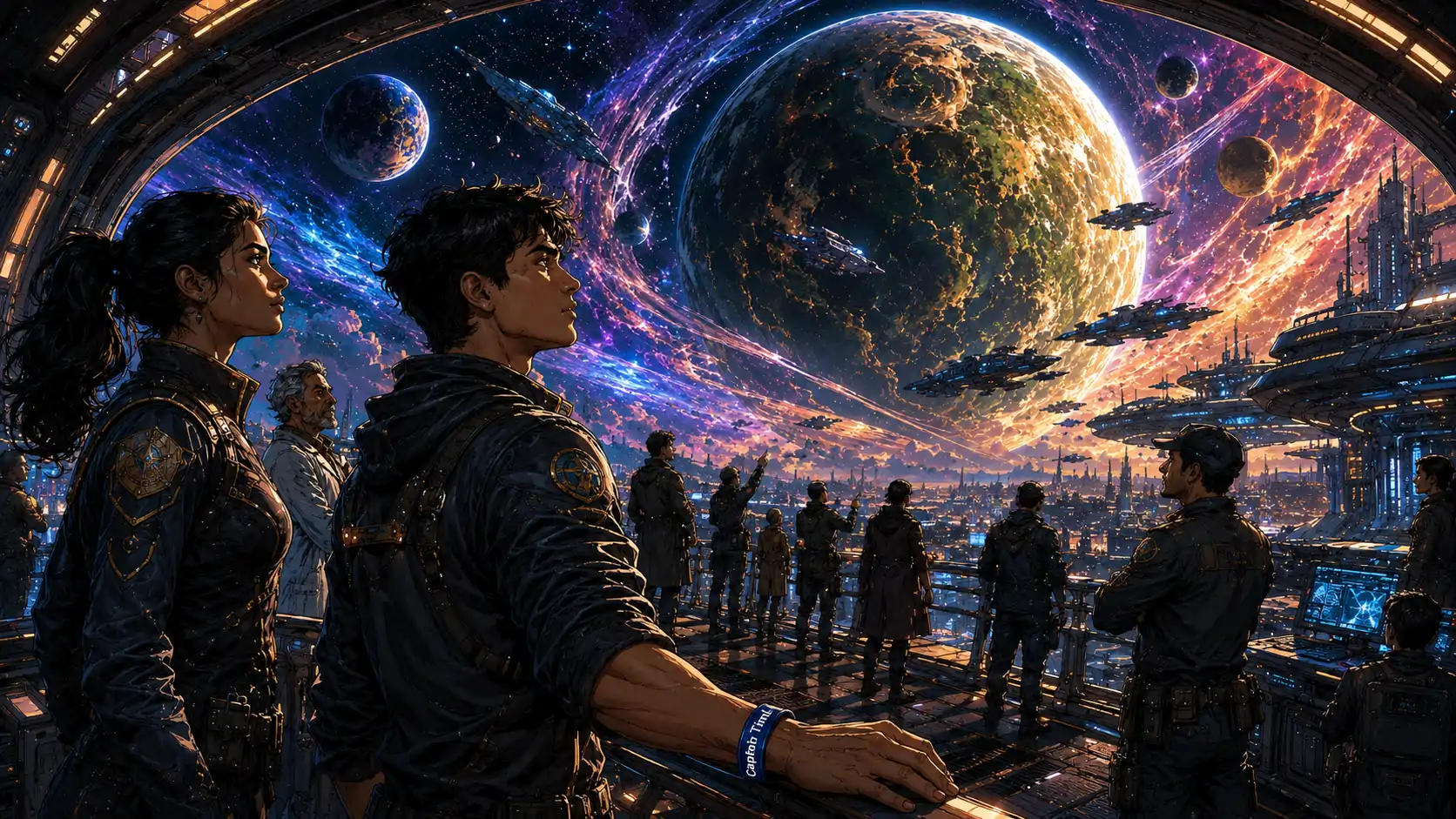 Timi y la tripulación de la nave SarTrek contemplan el Planeta X desde una gran plataforma de observación, entre exoplanetas, naves y luces cósmicas.